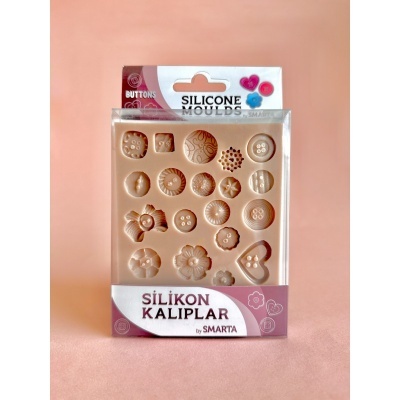Moldes de silicone bege para botões em embalagem com texto