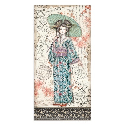 Ilustração de mulher asiática com quimono azul e guarda-chuva verde