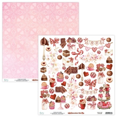 Folhas de scrapbooking com fundo rosa e corações e outra com ilustrações de doces e chocolates decorativos