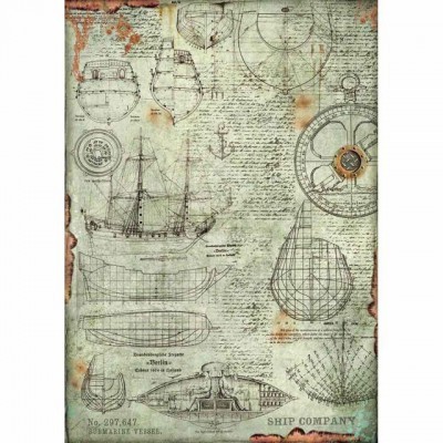 Desenho técnico antigo de navios e balões com textos manuscritos