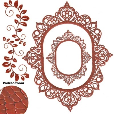 Elementos decorativos castanhos com padrão de couro croco e detalhe em floral