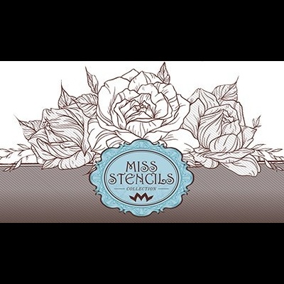 Logótipo MISS STENCILS COLLECTION com flores em traço fino e fundo cinzento