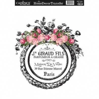 Transferência decorativa com rosas e texto francês em círculo