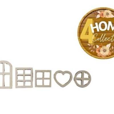 Cinco molduras de madeira branca com várias formas e logotipo 4 HOME Collection em fundo de madeira