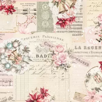 Papel decorativo vintage com motivos de Natal e texto em francês