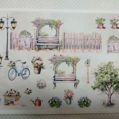 Decalques de jardim com bancos, flores, bicicletas, candeeiros e árvores em cores pastel