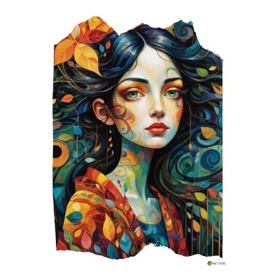 Ilustração digital de mulher com cabelo azul e vestido colorido com padrão de folhas