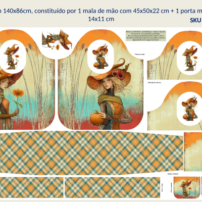 Painel de mala de mão e porta moedas com figuras artísticas e padrão xadrez