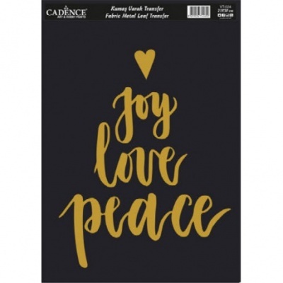 Transferência em tecido metálica com texto dourado joy love peace em fundo preto