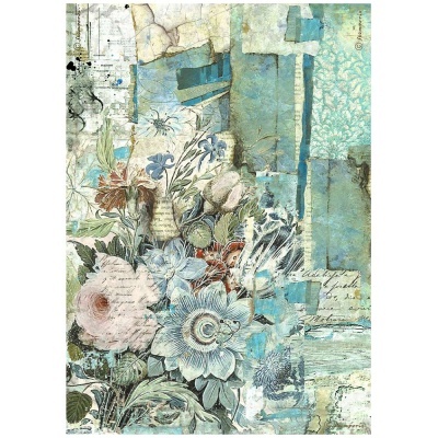 Quadro decorativo com colagem artística de flores em tons pastel e detalhes manuscritos.
