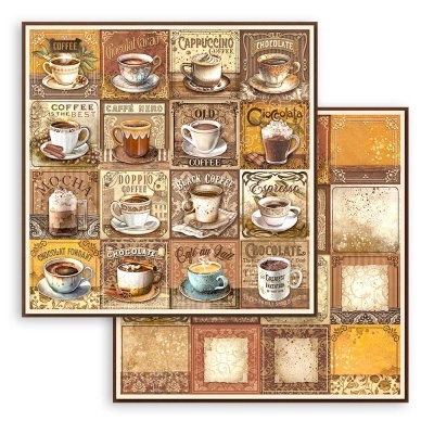 Papel decorativo com ilustrações e textos relacionados a cafés e chocolates em tons castanhos e creme
