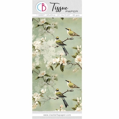 Papel tissue decorativo com padrão de pássaros e flores em fundo verde