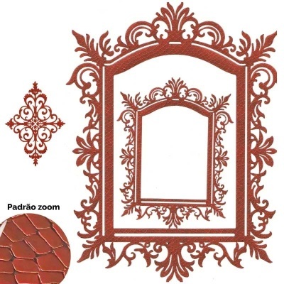 Molduras decorativas castanho avermelhado com textura de pele de crocodilo e ornamentos detalhados.
