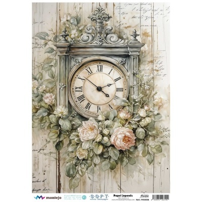 Relógio decorativo vintage com flores rosas e verde num fundo de madeira clara.