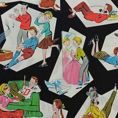 Ilustração vintage com jovens coloridos em ângulos geométricos sobre fundo preto