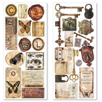 Etiquetas e elementos vintage com chaves, bilhetes, selos e imagens antigas em cores envelhecidas