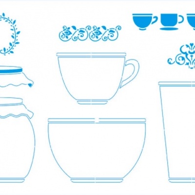 Desenhos técnicos azuis de recipientes de cerâmica ou vidro com ornamentos.