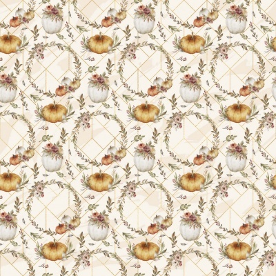 tecido com padrão de abóboras, folhas e flores em fundo bege com linhas douradas