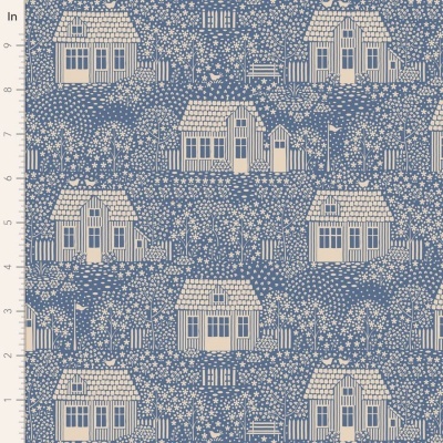 Tecido azul com padrão de casas creme e detalhes de árvores e bancos.