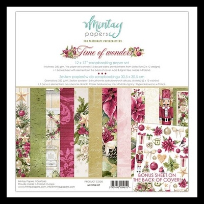 Conjunto de papéis para scrapbooking 'Time of wonders' com padrões florais e natalícios.