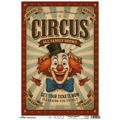 Panfleto vintage de circo com palhaço sorridente e textos promocionais em inglês