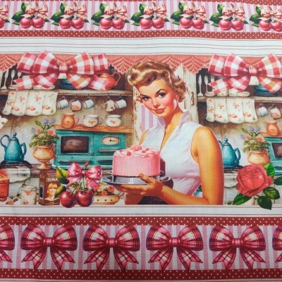 Tecido estampado retro com mulher, bolo, utensílios de cozinha e laços vermelhos
