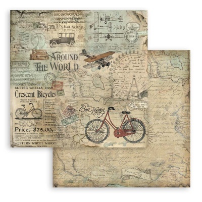 papeis decorativos vintage com mapas, bicicleta vermelha e avião, com textos em inglês