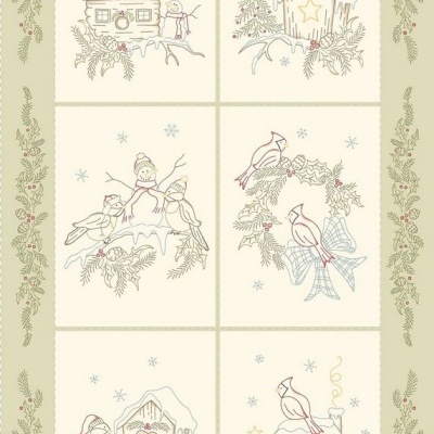 Tecido ou painel bordado com seis desenhos de Natal em tons pastéis e borda floral verde e vermelha