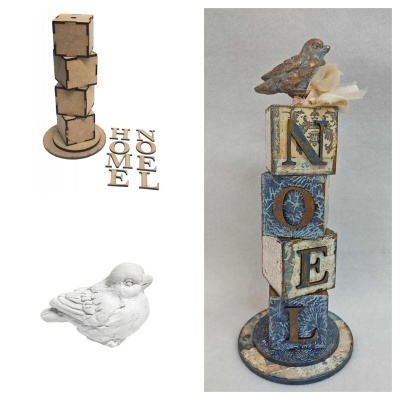 Cubos decorativos de madeira com letras e pássaro pintado azul e bege