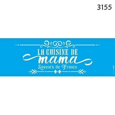 Etiqueta azul com texto branco La Cuisine de mama Saveurs de France