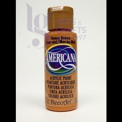 Frasco de tinta acrílica Americana cor Honey Brown com rótulo multilingue.