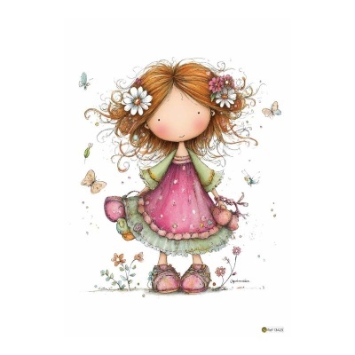 Ilustração de menina com vestido rosa e verde e cabelo ruivo com flores.