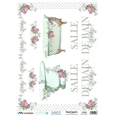 Ilustração vintage de banheira e bacia com flores e texto SALLE DE BAIN