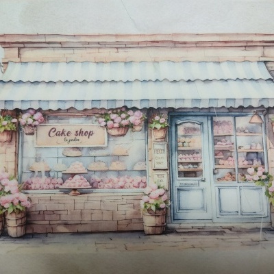 Ilustração de pastelaria com toldo azul e flores cor-de-rosa