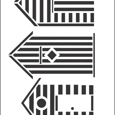 Stencil preto e branco com três lápis estilizados contendo padrões geométricos variados e número 312