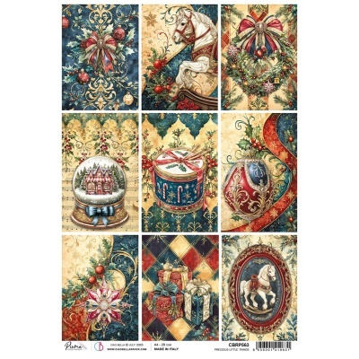 Papel de decoração natalícia com padrões variados de temas festivos, incluindo cavalo de baloiço, grinalda, bola ornamental, presentes, tambor, bola de neve e elementos musicais e folhosos.