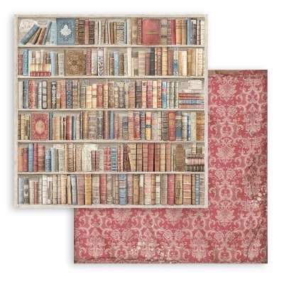 Imagem de papel decorativo com estantes de livros antigos e padrão floral vermelho