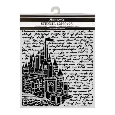 Stencil com design de castelo medieval e texto manuscrito, embalagem Stamperia