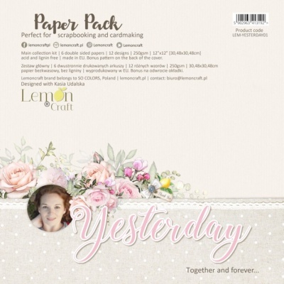 Papel decorativo para scrapbooking com padrão floral e texto Yesterday