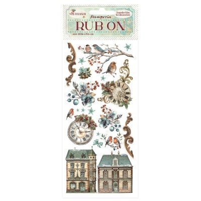 Página de transferências decorativas com relógios, pássaros, folhas, casas e arabescos vintage