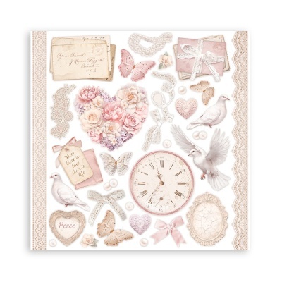 Folha decorativa vintage com pombas, flores, borboletas e relógio em tons pastel