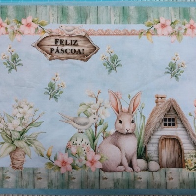 Toalha decorativa azul e verde com coelho, casinha, flores e texto FELIZ PÁSCOA
