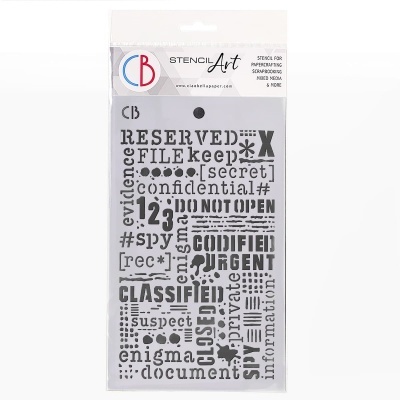 Stencil plástico com palavras e símbolos em preto para papelaria, embalado em plástico transparente