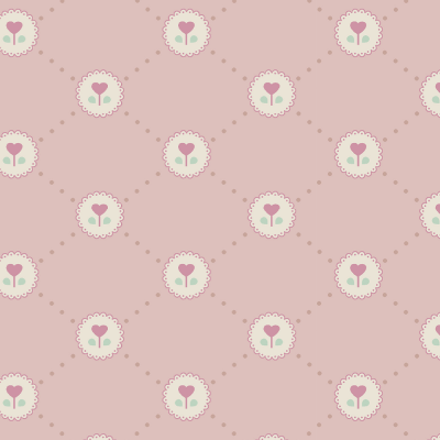 Padrão rosa com círculos brancos e flores estilizadas rosa e verde