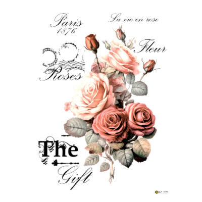 Ramo de rosas com texto caligráfico em branco.