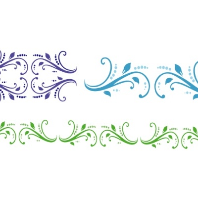 Três padrões florais decorativos em roxo, azul e verde