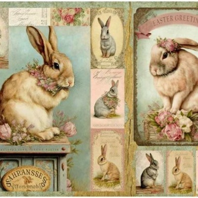 Ilustração de coelhos vintage com flores e textos em inglês e alemão.