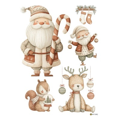 Ilustração digital de personagens natalícios com Papai Noel, esquilo e rena em tons suaves.