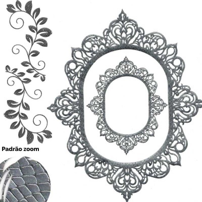 Rendas ou bordados em formato oval com padrões de folhas e arabescos cinzentos