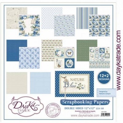 Papéis para scrapbook com desenhos variados em tons azul, verde e bege, com texto NATURE Blue